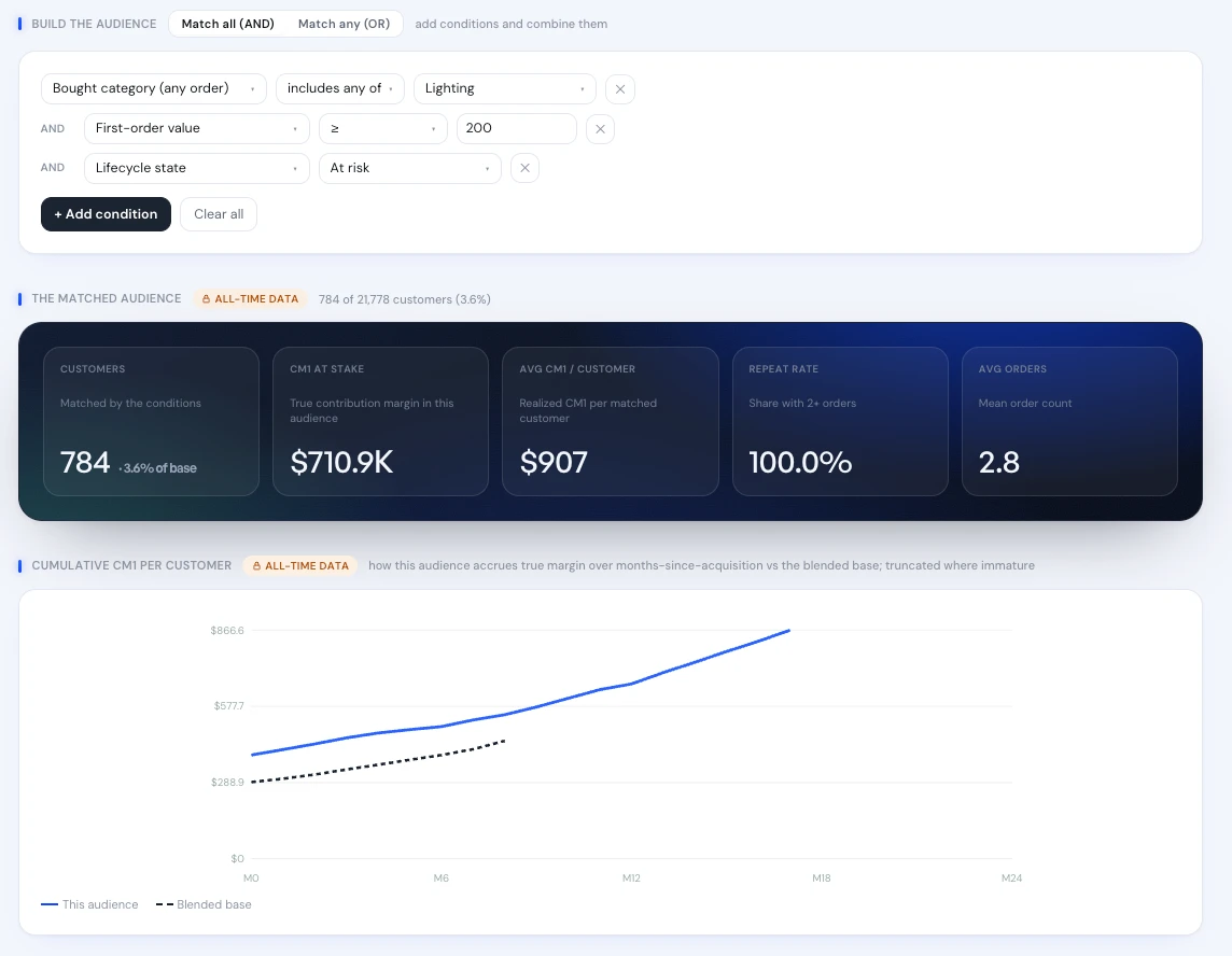 Blufire - audience builder showing matched customers and CM1 at stake
