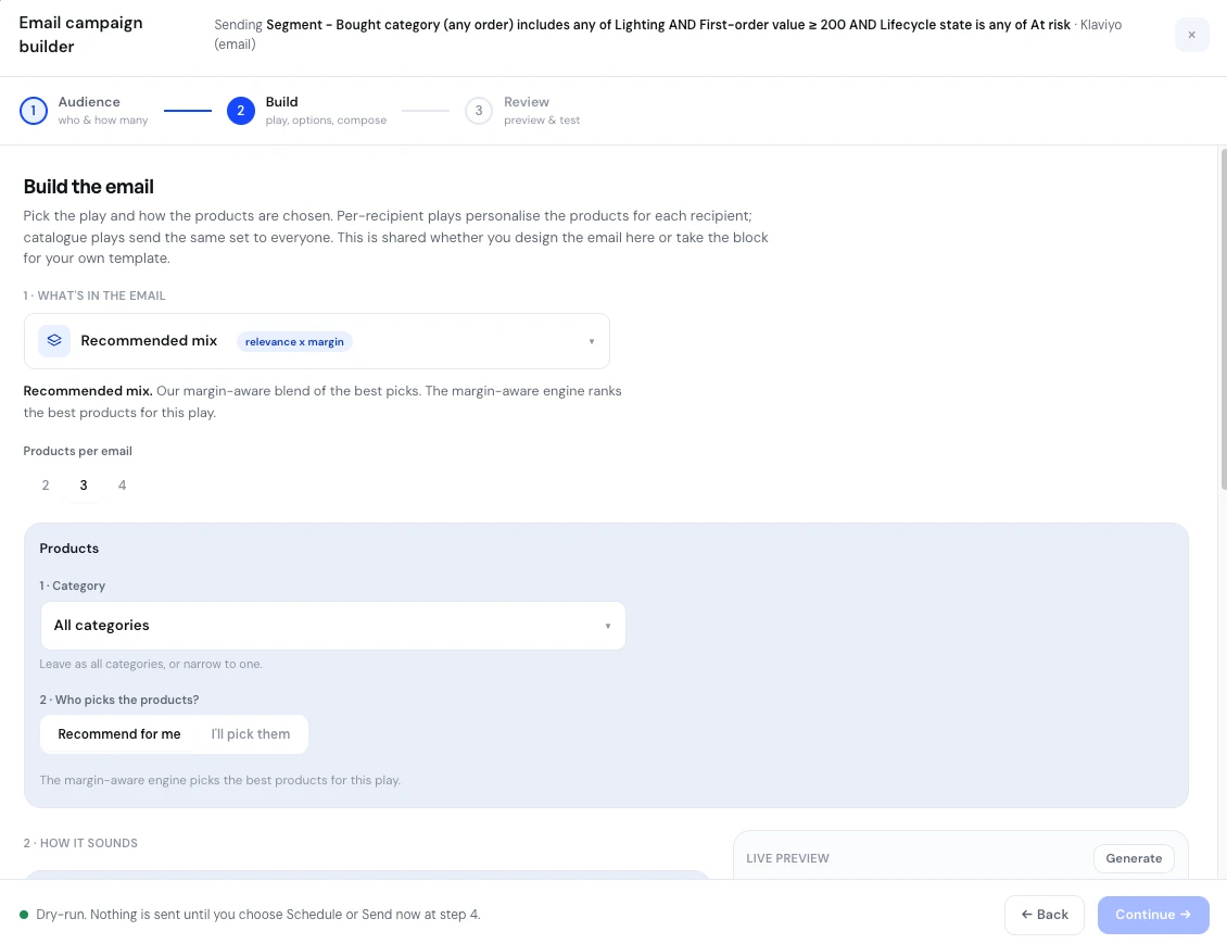 Blufire - email campaign builder with a margin-aware recommended product mix into Klaviyo